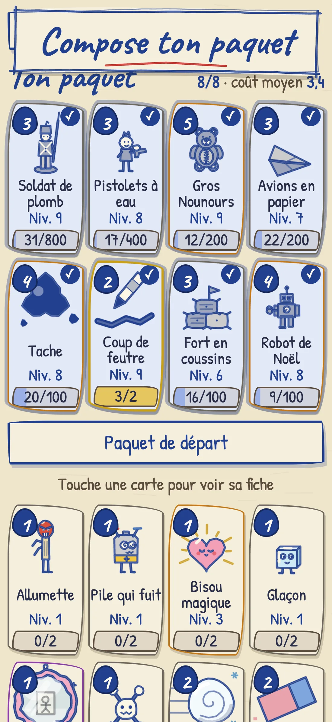 Le paquet de cartes : jouets et dessins