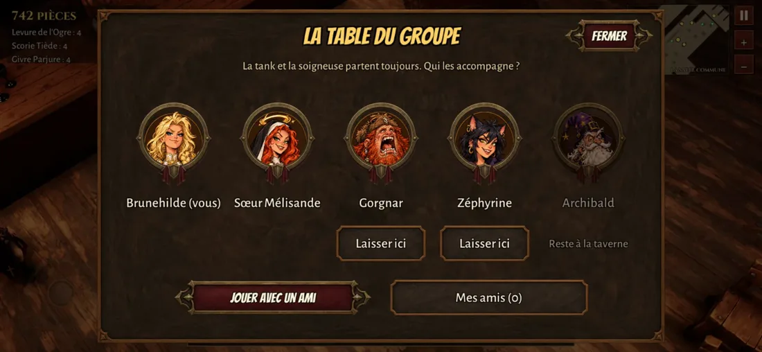 La table du groupe : les quatre héros réunis avant le donjon